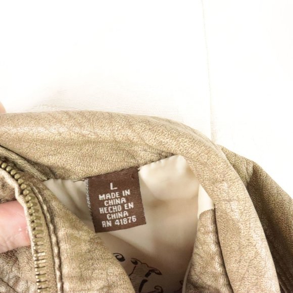 New Big Chill Vintage Women's Large Tan Gold Zip-Up Vegan Leather Biker Jacket - Picture 7 of 9